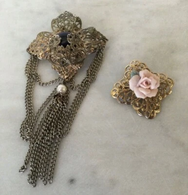 Broche prendedor regalo 1928 filigrana rosa porcelana rosa y ónix y perlas Foto 1 de 4