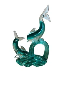 Vetro artistico di Murano delfini blu turchese che giocano sull'onda ~9" alto - Foto 1 di 8