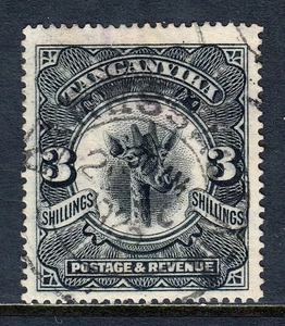 TANGANYIKA — SCOTT 25 — 1922 3/- BLACK GIRAFFE ISSUE — USED — FISCAL CANCEL - Picture 1 of 2