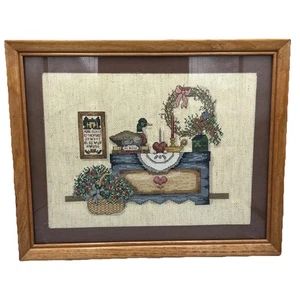 Vintage Kreuzstich Nadelspitze Landhaus Bauernhof Holz gerahmt mattiert 18 x 14 Zoll - Bild 1 von 15