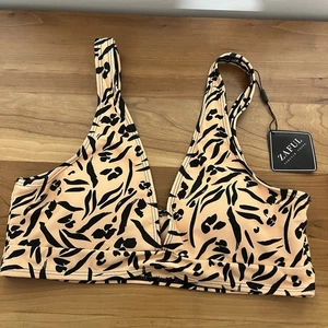 NWT Women’s Zaful Tan And Black Floral Like Patterned Bikini Top Size 8 Padded - Picture 1 of 6