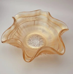 Northwood Basketweave Cable Carnival Glass Ruffled Bowl Peach Opalescent 6" - Picture 1 of 15