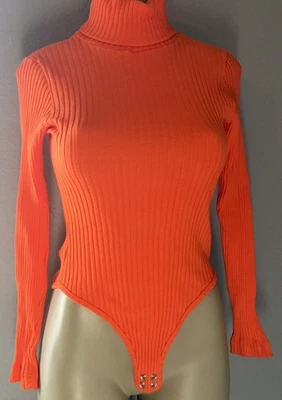 Vtg Orange Ribbed Cotton Bodysuit Turtleneck Sweater Top M - Image 1 of 4