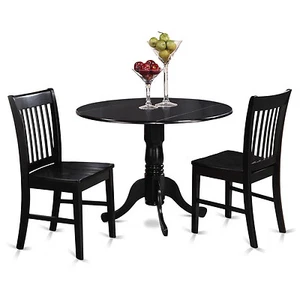 3pc dinette set round 42" kitchen drop-leaf table + 2 wood seat chairs in black - Picture 1 of 12