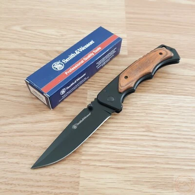 Smith & Wesson Frame Folding Knife 3.75" Stainless Steel Blade Brown Wood Handle - Image 1 of 4