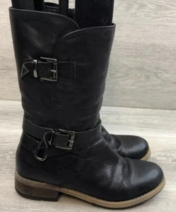Clarks Volara Women's Boot Moto Black Leather 6.5 Buckle Strap Mid Stacked Heel - Picture 1 of 10