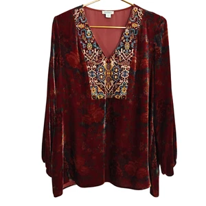 Sundance Embroidered Velvet Top Sz Large Burgundy Silk Blend Floral Autumn Boho - Picture 1 of 9