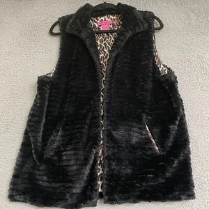 Betsey Johnson Größe Large schwarz Kunstfell Weste Taschen Haken & Ösen Kragen - Bild 1 von 9