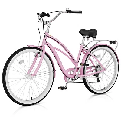 Beach Cruiser Bike for Women Men, 24 26 inch Womens Bike with Rack 7-Speed - Image 1 of 4