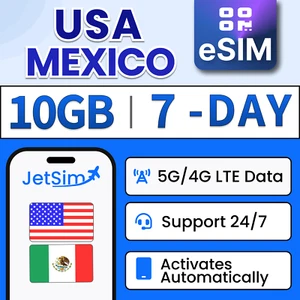 USA Meksyk eSIM -10GB High-Speed, 7-dniowa karta JetSim/Travel SIM - Zdjęcie 1 z 6