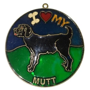 Vitral vintage hecha a mano I Love My Mutt Suncatcher adorno perro redondo NUEVO - Imagen 1 de 3