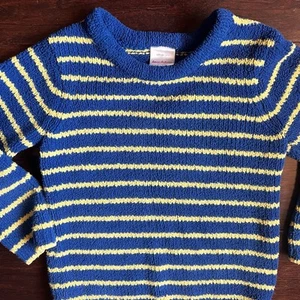 Hanna Andersson Blue Yellow/Green Striped Fuzzy  Boy Youth Crewneck Size 4 - Picture 1 of 6