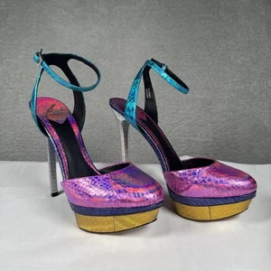 Brian Atwood Fontenay Hologram Snakeskin Platform Pump Glam Ankle Strap Size 9.5 - Picture 1 of 8