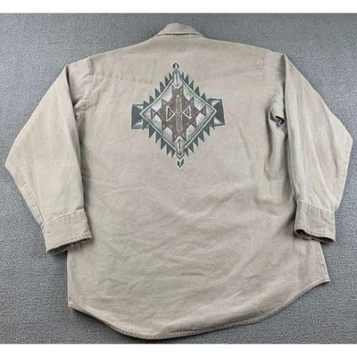 Roper Rodeo Blue Shirt Men L Tan Southwest Aztec Geometric Graphic Button Down - Image 1 of 4