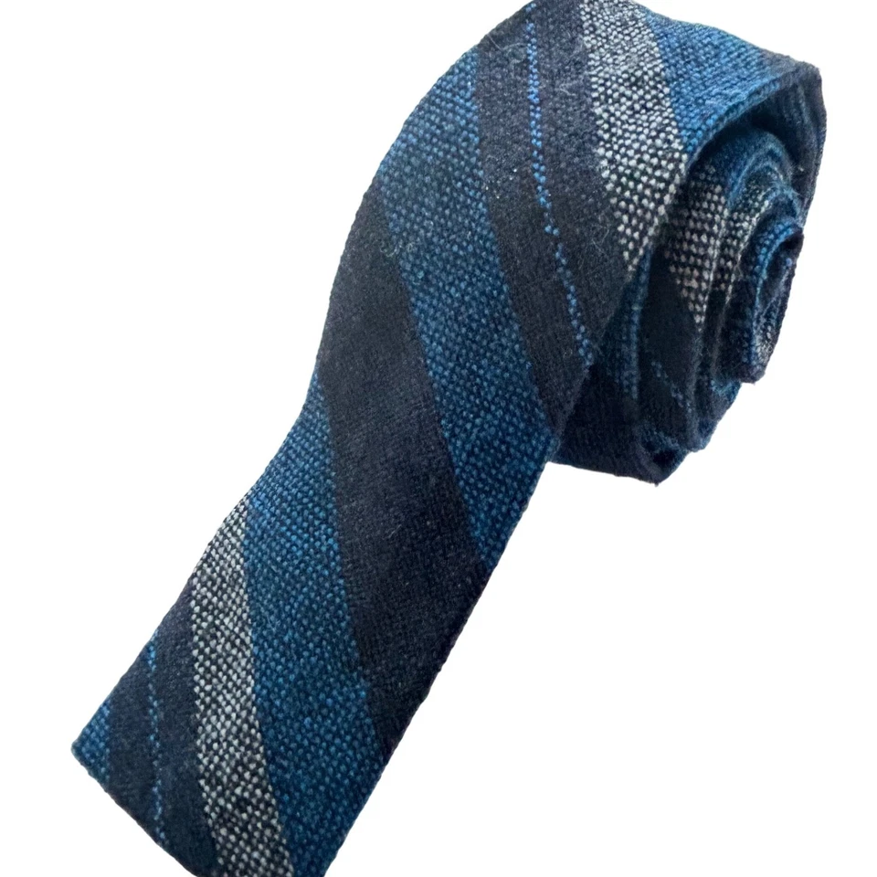 Churchill Weavers 紧身羊毛领带手工编织方形蓝色灰色条纹 60-70 年代 — 第 1/4 张图片