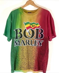 Vintage 90s Bob Marley Logo AOP Ethiopia/Rasta Flag Tie Dye T Shirt Reggae Music - Picture 1 of 4