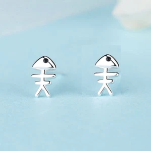 Tiny Silver Fish Bone Pave Cubic Zirconia Stud Earrings - Picture 1 of 1
