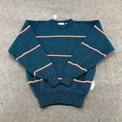 VINTAGE Sears Sweater Mens L Blue Striped Tight Knit Pullover Crew Neck 80s - Image 1 of 4