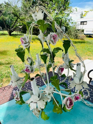 Vtg Tole Toleware Metal Hanging Floral Chandelier 5 Light Arm Cover