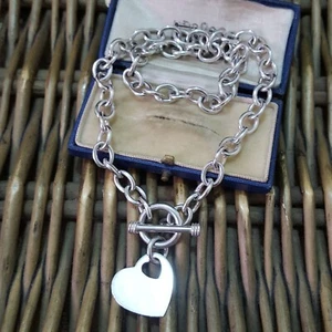 925 Sterling Silver Necklace, Heart Charm Pendant, Oval Link Chain, Choker, 15" - Picture 1 of 8