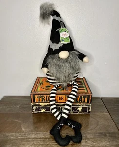 HALLOWEEN Gnome Shelf Sitter Striped Legs Boots Bendy Hat Gray B&W Bats NEW - Picture 1 of 6