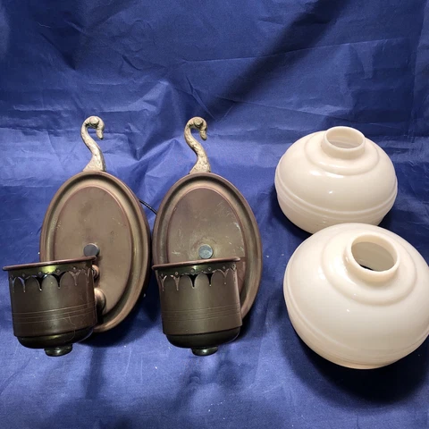 Pair of antique slip shade sconces with original patina Rewired Fixtures 24D Cover