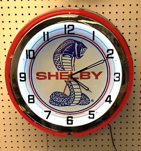 18" Red SHELBY Snake Double Neon Chrome Clock Cobra Mustang GT 350 GT500 - Foto 1 di 3
