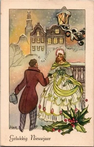 Feliz Año Nuevo Elegante Vestido Hombre y Mujer Postal Vintage B128 - Imagen 1 de 2