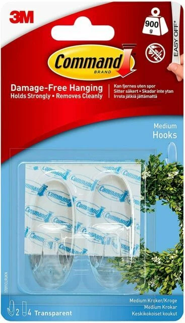 3M Command Clear Medium Hooks, Clear, Holds 2 lb, 2 Hooks, 4str
