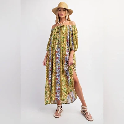 Maxi Vestido Caballete Floral Hombro Descubierto - Nuevo con Etiquetas Talla Mediana - Boho Chic Floral Foto 1 de 4