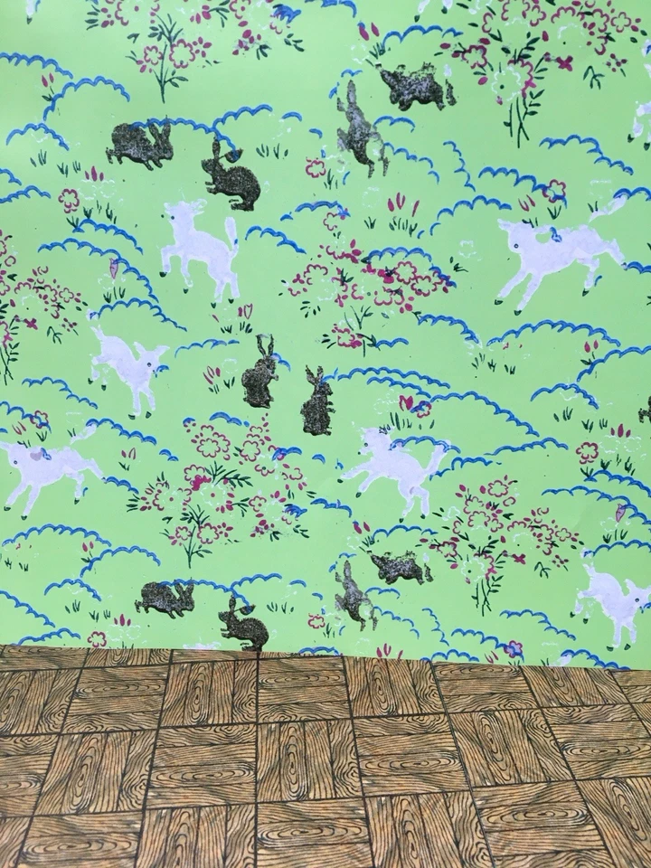 DOLLSHOUSE RESTORATION Reproduktion Puppenstubentapete - Lämmer & Hasen grün