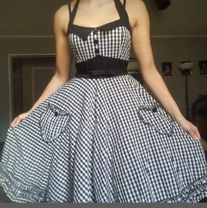 Hell Bunny Vixen Dress Womens Size Small Gingham Plaid Halter Top Circle Pin-Up - Picture 1 of 18