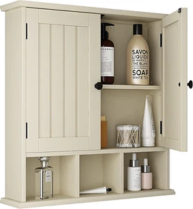 Bathroom Cabinet Wall Mounted 2-Door with 3 Open Shelves, Wooden Medicine Cabine - Picture 1 of 12