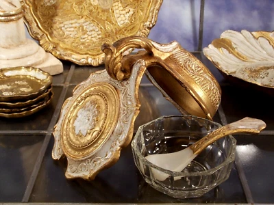 8x antik Florentiner Tablett Holz Kerzenhalter Marmeladendose Untersetzer Schale - Bild 1 von 4