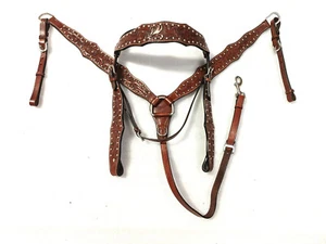 100% Genuine Western Handtooled Leather Horse Headstall & Breast Collar Set - Picture 1 of 5