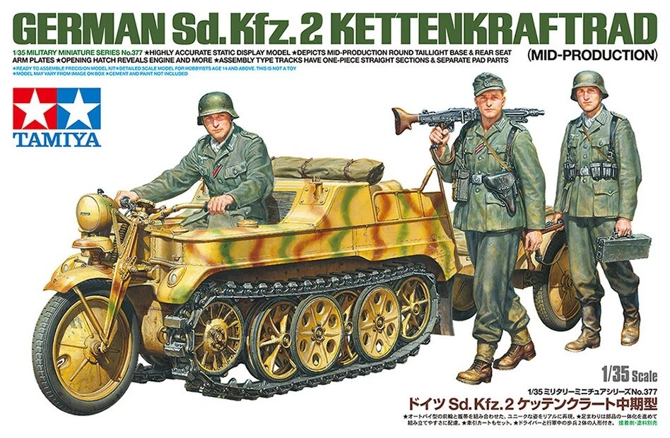 TAMIYA 1:35 MEZZO MILITARE GERMAN SD.KFZ.2 KETTENKRAFTRAD E 3 FIGURE   ART 35377 - Immagine 1 di 2