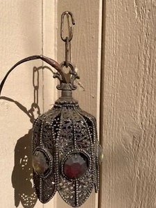 Vintage Chandelier Tulip Pendant Lamp Spelter Brass Jeweled Filigree SWAG Gothic - Picture 1 of 9
