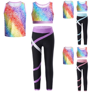 Girls 3Pc Sports Sets Sleeveless Crop Top Vest Leggings Tennis Golf Yoga Dance - Picture 1 of 28