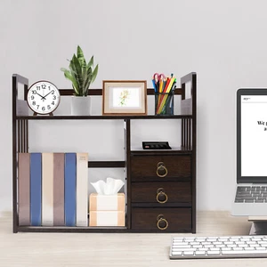 Bamboo Desktop Bookshelf Counter Top Bookcase With 3 Drawers Desk Organizer - Picture 1 of 22
