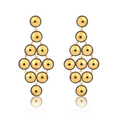 Подарок ювелирные изделия серьги-люстры из желтого золота с несколькими коваными дисками и зеленым ониксом - Изображение 1 из 4