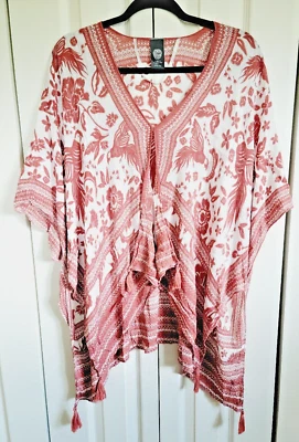 Vince Camuto OS Handkerchief Top SS Rust/White Tropical Print Tassles One Size - Image 1 of 4