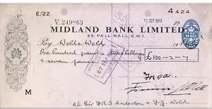MIDLAND BANK LIMITED CHEQUE PALL MALL BRANCH 1949 - Picture 1 of 2