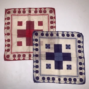 "Par de pañuelos vintage pañuelos geométricos rojo azul núcleo de abuela 10"" LEER - Imagen 1 de 9