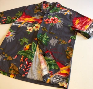 vtg mens Hawaiian Shirt Sz L Gray Tropical Floral Volcano Tucan Palms S/S Cotton - Picture 1 of 17