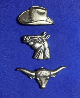 Lote de 3 Fundas de Botones Western Tono Plateado - Sombrero de Vaquero, Cabeza de Caballo y Longhorn Foto 1 de 4