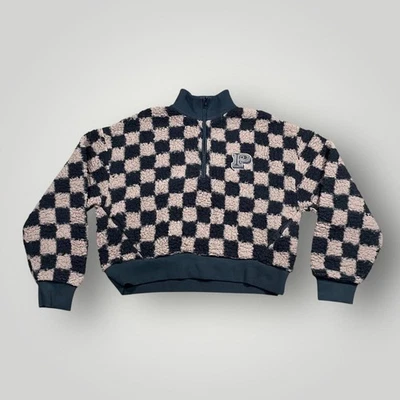 PINK Victoria's Secret Sherpa Fleece Quarter Zip Pullover Womens XS Checkered - Image 1 of 4