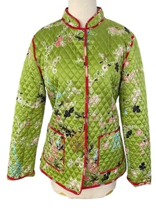 Anne Carson Silk Quilted Puffy Jacket Pocket Green Floral Design Women’s Medium - Picture 1 of 10