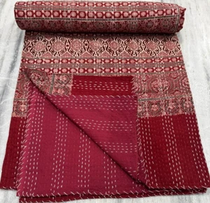 Kantha Quilt Bedspread Bedding Throw Double Ajrakh Print Cotton Blanket Vintage - Picture 1 of 6