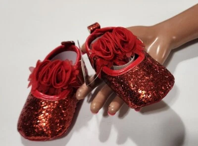 🌹NEW🌹MYGGPP Baby RED GLITTER Sparkly Shoes Roses Hook & Loop Sz 1,  0-6 months - Image 1 of 4