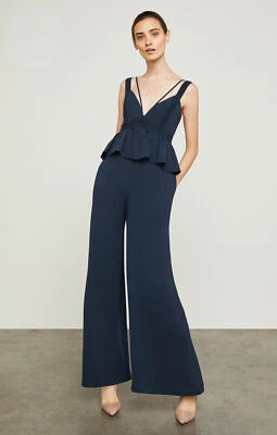 Mono BCBG MAXAZRIA Pierna Ancha Peplum XS Azul Marino Tirantes Cuello Profundo $368 Foto 1 de 4